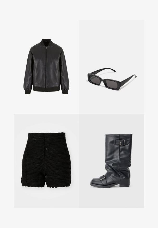 Čierna kožená bomber bunda má predný zips, rebrované manžety a golier, s hladkou textúrou a uvoľneným strihom.; Biely top bez rukávov vyrobený z ľahkej textílie. Má zaoblený výstrih a široké ramenné otvory, s hladkou textúrou a minimálnym dizajnom.; Čierne háčkované šortky s rebrovanou textúrou, vysokým pásom a vlniacim lemom. Navrhnuté pre priliehavý strih a priedušný materiál.; Čierna kožená boot s preloženým štítom, vybavená dvoma striebornými prackami. Okrúhla špička a nízky, plochý dizajn podrážky. Hladká textúra, minimálne detaily.; Čierne obdĺžnikové slnečné okuliare s tmavými šošovkami, lesklým povrchom, širokými ramenami a robustným rámovým dizajnom. Vygravírované meno značky na jednom ramene.