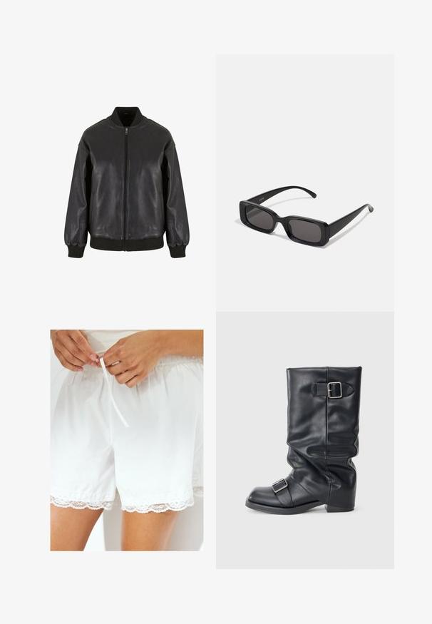 La veste bomber en cuir noir présente une fermeture éclair sur le devant, des poignets et un col côtelés, avec une texture lisse et un design à coupe décontractée.; Débardeur blanc en tissu léger. Présente un encolure arrondie et de larges emmanchures, avec une texture lisse et un design minimaliste.; Shorts en coton blanc avec taille élastique et cordon de serrage, ornés d'une dentelle le long de l'ourlet pour un détail supplémentaire.; Botte en cuir noir avec une tige repliée, dotée de deux boucles en argent. Bout arrondi et semelle basse et plate. Texture lisse, minimaliste en embellissements.; Lunettes de soleil noires rectangulaires avec des verres foncés, finition brillante, larges branches et un design de monture épaisse. Nom de marque gravé sur une branche.