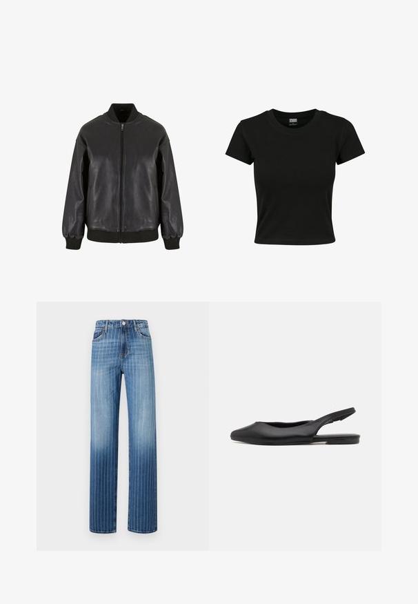 La giacca bomber in pelle nera presenta una zip frontale, polsini e colletto a coste, con una texture liscia e un design dal taglio rilassato.; T-shirt nera a maniche corte realizzata in cotone morbido, con scollatura rotonda e taglio aderente. Nessun motivo o dettaglio visibile.; Jeans in denim blu chiaro con righe bianche verticali, design a gamba dritta, cinque tasche e chiusura a bottone in vita.; Scarpa slingback in pelle nera con punta appuntita, tacco piatto e design a taglio curvo. Texture liscia e stile minimalista.