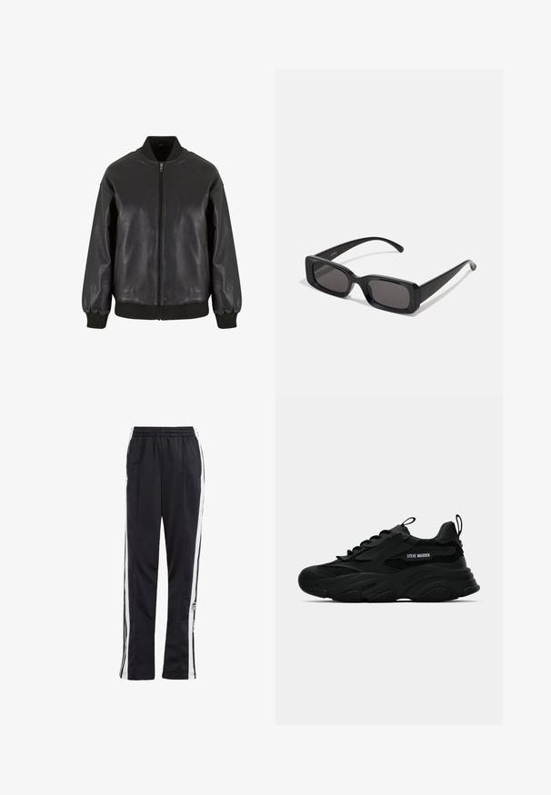 Zwarte leren bomberjack met een frontale rits, ribgebreide manchetten en kraag, met een gladde textuur en een ontspannen pasvorm.; Witte geribbelde tanktop met een ronde halslijn en brede bandjes. Zachte stoftextuur en gestikte randen. Eenvoudig, getailleerd ontwerp.; Zwarte trainingsbroek met witte zijstrepen, elastische tailleband en een logo-patch. Gemaakt van gladde, lichte stof. Ontwerp met rechte broekspijpen.; Zwarte Steve Madden chunky sneaker met meshpanelen, dikke zool, trekhandvatten op de tong en hiel, zijlogo lettering, getoond in profiel.; Zwarte rechthoekige zonnebril met donkere lenzen, glanzende afwerking, brede pootjes en een robuust frameontwerp. Gegraveerde merknaam op één van de pootjes.