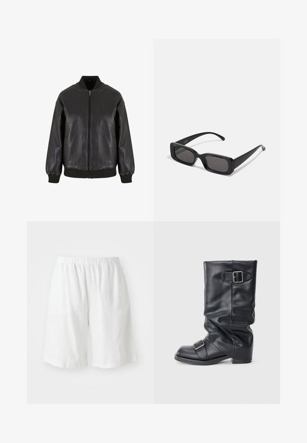 La chaqueta bomber de cuero negro presenta un cierre frontal con cremallera, puños y collar de canalé, con una textura suave y un diseño de corte relajado.; Top blanco de manga corta con un corte holgado, que presenta un diseño fruncido en la cintura y una textura de tela suave. Etiqueta: Anna Field.; Pantalones cortos de lino blancos con una cintura elástica, que presentan un corte relajado y una textura suave. No son visibles bolsillos ni adornos.; Bota de cuero negro con un eje plegado, que presenta dos hebillas plateadas. Punta redondeada y diseño de suela baja y plana. Textura suave, con detalles mínimos.; Gafas de sol rectangulares negras con lentes oscuros, acabado brillante, patillas anchas y un diseño de marco robusto. Nombre de la marca grabado en una de las patillas.