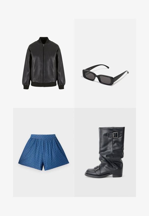 Black leather bomber jacket features a front zipper, ribbed cuffs, and collar, with a smooth texture and a relaxed fit design.; Black ribbed cropped top with a round neckline and sleeveless design. Made from a stretchy, textured fabric. Label reads "Urban Classics."; Blue denim shorts with an elastic waistband and white pin-dot pattern. Features relaxed fit and knee-length cut. Smooth texture.; Black leather boot with a folded shaft, featuring two silver buckles. Rounded toe and a low, flat sole design. Smooth texture, minimal detailing.; Black rectangular sunglasses with dark lenses, glossy finish, wide arms, and a chunky frame design. Engraved brand name on one arm.