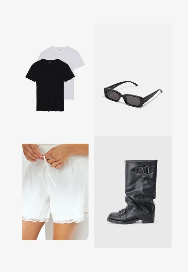 La giacca bomber in pelle nera presenta una zip frontale, polsini e colletto a coste, con una texture liscia e un design dal taglio rilassato.; Even&Odd 2 PACK - T-shirt basic - black/white; Shorts bianchi in cotone con vita elastica e coulisse, rifiniti con pizzo lungo l'orlo per un tocco di eleganza.; Stivale in pelle nera con gambale piegato, dotato di due fibbie argentate. Punta arrotondata e suola bassa e piatta. Texture liscia, dettagli minimi.; Occhiali da sole neri rettangolari con lenti scure, finitura lucida, aste larghe e design della montatura spessa. Nome del marchio inciso su un'asta.