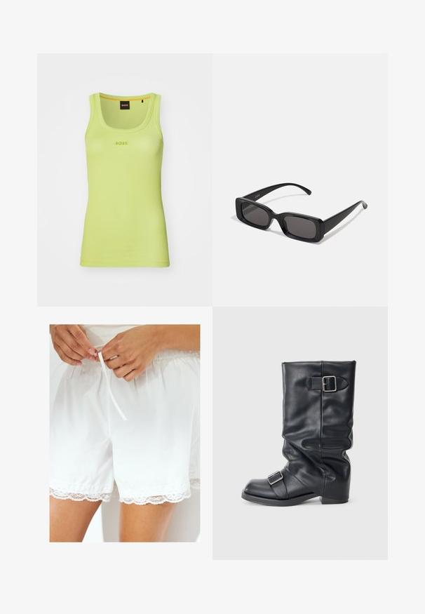 Zwarte leren bomberjack met een frontale rits, ribgebreide manchetten en kraag, met een gladde textuur en een ontspannen pasvorm.; Geribbelde mouwloze tanktop in fel limegroen met een ronde hals. Bevat het "BOSS"-logo in bijpassende draad gecentreerd op de borst.; Witte katoenen shorts met een elastische tailleband en trekkoord, voorzien van een kanten rand langs de zoom voor extra detail.; Zwarte leren laars met een gevouwen schacht, voorzien van twee zilveren gespen. Rond neus en een laag, plat zoolontwerp. Gladde textuur, minimale details.; Zwarte rechthoekige zonnebril met donkere lenzen, glanzende afwerking, brede pootjes en een robuust frameontwerp. Gegraveerde merknaam op één van de pootjes.