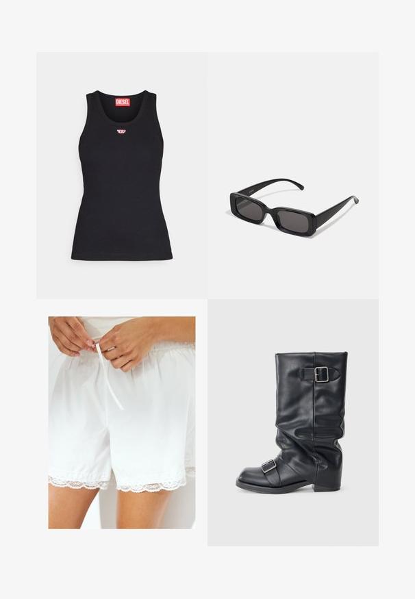 Mustaline nahast pommijakk, millel on esilukk, soonikkoes varrukad ja krae, sujuva tekstuuri ja vaba lõike disain.; Must kivist valmistatud t-särk, millel on ümar kaelus, väikese punase logoga rinnal ja sobiv disain.; Valged puuvillased lühikesed püksid, mis on varustatud elastse vöökoha ja nööriga, kaunistatud pitsist äärisega allääres.; Must mustad musta nahast, volditud varrega, kaks hõbedast konksu. Ümar varvas ja madal, tasane talla disain. Sile tekstuur, minimaalne kaunistus.; Mustad mustanäolised prillid tumedate läätsedega, läikiv viimistlus, laiad sangad ja massiivne raami disain. Ühe sanga peal on graveeritud brändi nimi.