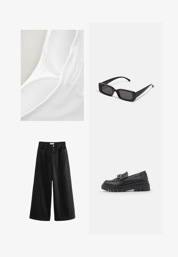 Schwarze Lederbomberjacke mit einem Frontreißverschluss, gerippten Bündchen und Kragen, einem glatten Textur und einem lässigen Schnitt.; Weißes Stoffbadebekleidung mit glatter Textur und tiefem Ausschnitt. Das Material wirkt leicht und dehnbar, geeignet für den Wassereinsatz.; Schwarze, weit geschnittene Jeans aus Denim, mit hoher Taille, fünf Taschen und einem klaren Finish. Der Stoff hat eine glatte Textur und minimale Akzente.; Schwarze Slipper-Schuhe im Loafer-Stil mit einer klobigen Plateausohle, glattem Lederobermaterial, dekorativem Kettenakzent und leichtem Absatz mit eingekerbtem Detail.; Schwarze rechteckige Sonnenbrille mit dunklen Gläsern, glänzender Oberfläche, breiten Bügeln und einem klobigen Rahmen-Design. Gravierter Markenname auf einem Bügel.