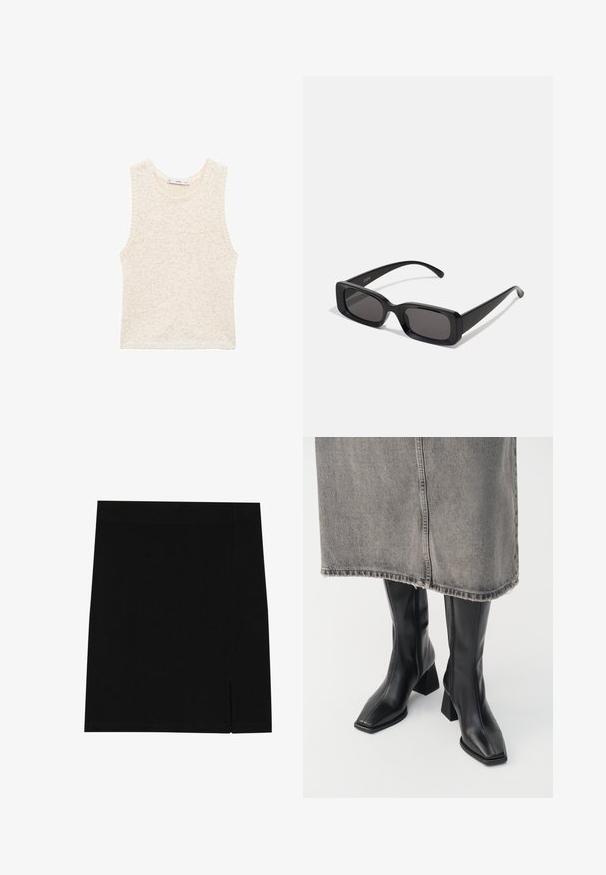 La giacca bomber in pelle nera presenta una zip frontale, polsini e colletto a coste, con una texture liscia e un design dal taglio rilassato.; Top senza maniche lavorato a maglia di colore bianco sporco, con finiture testurizzate. Collo rotondo e orlo dritto. Dettagli screziati sottili su tutta la superficie.; Gonna nera mini realizzata in tessuto morbido con un design aderente, caratterizzata da una leggera apertura sul lato per un tocco di stile in più.; Stivali neri al ginocchio in pelle liscia con punta squadrata e tacco a blocco. Indossati con una gonna in denim grigia con orlo sfilacciato.; Occhiali da sole neri rettangolari con lenti scure, finitura lucida, aste larghe e design della montatura spessa. Nome del marchio inciso su un'asta.; Borsa a tracolla nera in pelle con una forma strutturata, una texture liscia e una singola tracolla. Presenta un design a patta arrotondata e discreta.