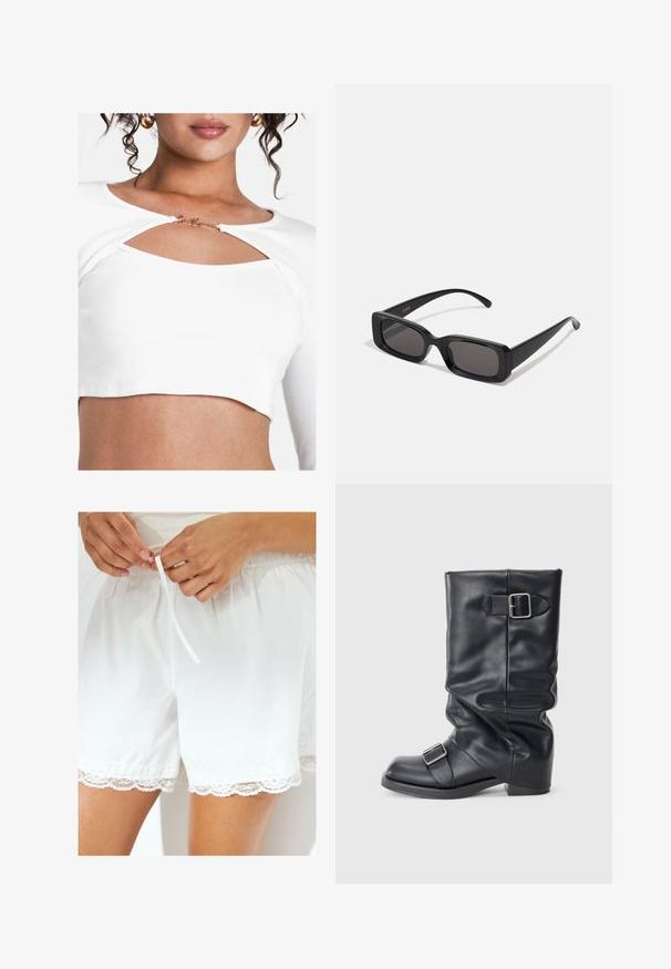 Zwarte leren bomberjack met een frontale rits, ribgebreide manchetten en kraag, met een gladde textuur en een ontspannen pasvorm.; Witte geribbelde crop top met een uitsnijding bij de borst en een gouden accentdetail. De stof heeft een gladde textuur en een aangesloten pasvorm.; Witte katoenen shorts met een elastische tailleband en trekkoord, voorzien van een kanten rand langs de zoom voor extra detail.; Zwarte leren laars met een gevouwen schacht, voorzien van twee zilveren gespen. Rond neus en een laag, plat zoolontwerp. Gladde textuur, minimale details.; Zwarte rechthoekige zonnebril met donkere lenzen, glanzende afwerking, brede pootjes en een robuust frameontwerp. Gegraveerde merknaam op één van de pootjes.