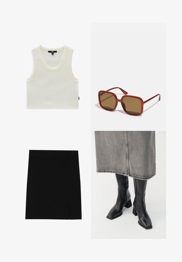 Černá kožená bomber bunda má přední zip, žebrované manžety a límec, hladkou texturu a volný střih.; Bílý žebrovaný tílko s širokým výstřihem a armholemi. Má viditelný štítek značky na krku a božní štítek se jménem značky.; Černá mini sukně z jemné tkaniny s přiléhavým střihem, která má mírný rozparek na boku pro přidaný detail.; Černé kozačky do půli stehen z hladké kůže se čtveratou špičkou a blokovým podpatkem. Nosené s šedou džínovou sukní s třepeným lemem.; Červené sluneční brýle čtvercového tvaru s hnědými skleněnými čočkami. Silné, lesklé obroučky a štíhlé nožičky s drobnými detaily na straně pro vizuální zajímavost.; Černá kožená kabelka se strukturovaným tvarem, hladkým povrchem a jedním ramenním popruhem. Obsahuje jemně zaoblený design klopy.