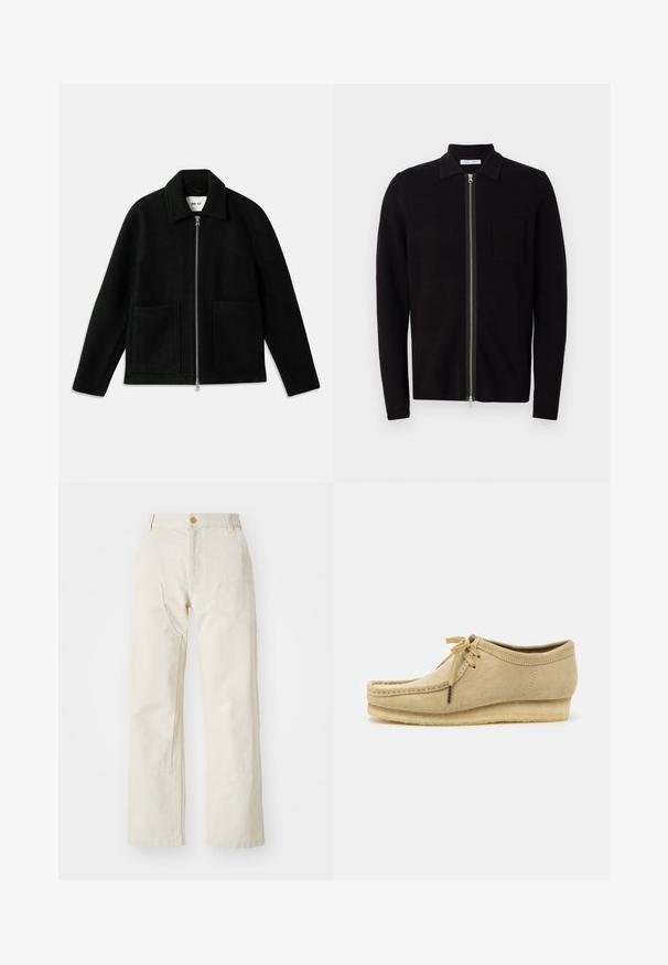 Schwarze Wolljacke mit durchgehendem Reißverschluss, auffälligem Kragen und zwei großen aufgesetzten Taschen. Glatte Textur mit strukturiertem Design.; Schwarzer Reißverschluss-Pullover mit Kragen und einer Brusttasche. Hergestellt aus weichem, strukturiertem Stoff. Verfügt über einen durchgehenden Reißverschluss und lange Ärmel.; Weißes T-Shirt mit kurzen Ärmeln aus Baumwollstoff und rundem Halsausschnitt. Schlichtes Design ohne Muster oder Akzente. Glatte Textur.; Beige weite Hosen aus Baumwolle mit Knopfverschluss, zwei seitlichen Taschen und geradem Schnitt, mit glatter Textur.; Beige Wildlederschuh mit Schnürdesign, gestickten Details und Gummisohle. Die Form ist lässig mit einem leichten Keilabsatz.