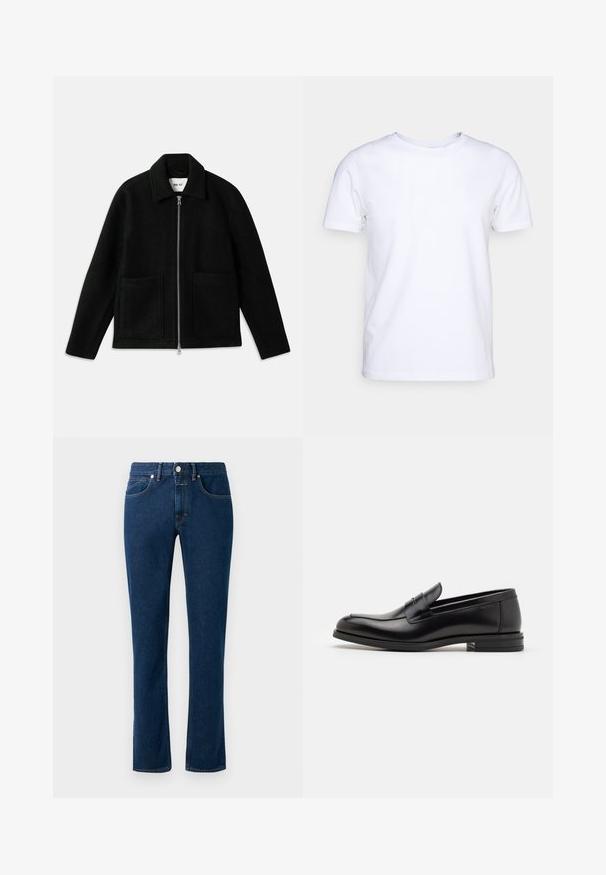 Fekete gyapjú dzseki, cipzáros elülső résszel, széles gallérral és két nagyapró zsebbel. Simább textúra, struktúrált dizájnnal.; Fehér, rövid ujjú felső pamut anyagból, kerek nyakkivágással. Egyszerű dizájn, minta vagy díszítés nélkül. Sima textúra.; Sötétkék farmernadrág, karcsú, egyenes szárú kialakítással, klasszikus öt zsebes stílussal és gombos záródással a deréknál.; Fekete bőr loaferek sima textúrával, kerek orral és dekoratív pánttal a vampnál. Alacsony, rétegelt sarkú, minimalista dizájn.