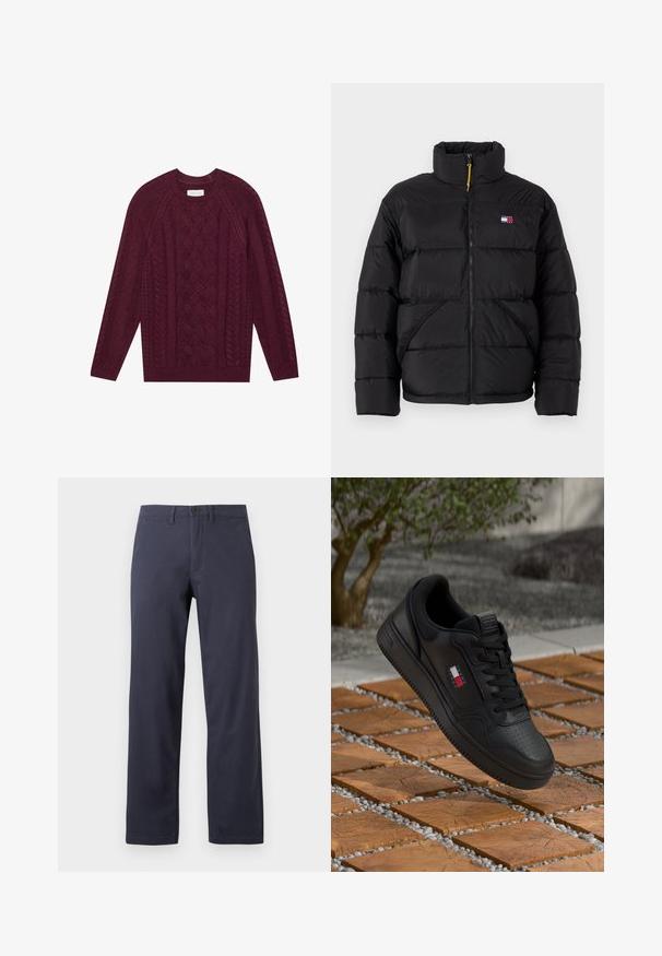 Tommy Jeans VAIL PUFFER - Casaco de inverno - black; Sweater tricotado em burdeos com um design de cabo texturizado, gola redonda canelada e mangas longas, feito de lã macia e espessa.; Calças em azul escuro, de perna reta, feitas de um tecido misto de algodão. Apresentam um fecho frontal com botão, passantes para cinto e dois bolsos laterais.; Sapatilha preta de couro com biqueira perfurada e detalhes texturizados. Apresenta um pequeno logo em vermelho, branco e azul na lateral.