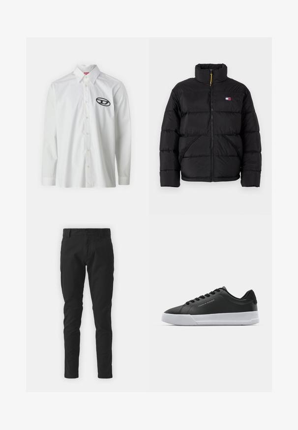 Tommy Jeans VAIL PUFFER - Winter jacket - black; White long-sleeve shirt made of cotton, featuring a button-down collar and a black embroidered logo on the left chest area.; Black cotton trousers with a slim fit, featuring a button closure, belt loops, and side pockets. Smooth texture, no visible patterns.; Black synthetic leather sneaker with a white rubber sole, featuring round laces, curved design, and a small logo detail on the side.