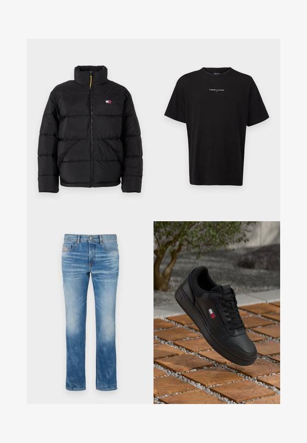 Tommy Jeans VAIL PUFFER - Zimná bunda - black; Čierne bavlnené tričko s okrúhlym výstrihom, krátkymi rukávmi a malým bielym logom "TOMMY JEANS" na hrudi. Jednoduchý, klasický strih.; Svetlomodré džínsy s rovnými nohavicami, piatimi vreckami a miernym vyblednutím pri kolenách. Majú oranžové prešívanie a zapínanie na gombík.; Čierne kožené tenisky s perforovaným špičkou a textúrovanými akcentmi. Obsahujú malé logo v červenej, bielej a modrej farbe na boku.