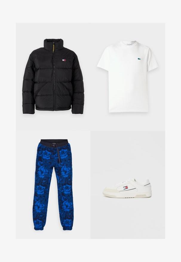 Tommy Jeans VAIL PUFFER - Zimní bunda - black; Bílý bavlněný tričko s kulatým výstřihem, krátkými rukávy a malým zeleným vyšitým logem krokodýla na levé části hrudi.; Modré fleecové tepláky s květinovým vzorem mají černý elastický pas a šňůrku na stažení. Texturovaná látka s elastickými manžetami na kotnících.; Bílé tenisky s hladkým koženým svrškem a semišovým špičkou, s malým červeným, bílým a modrým logem na boku a texturovanou podrážkou.