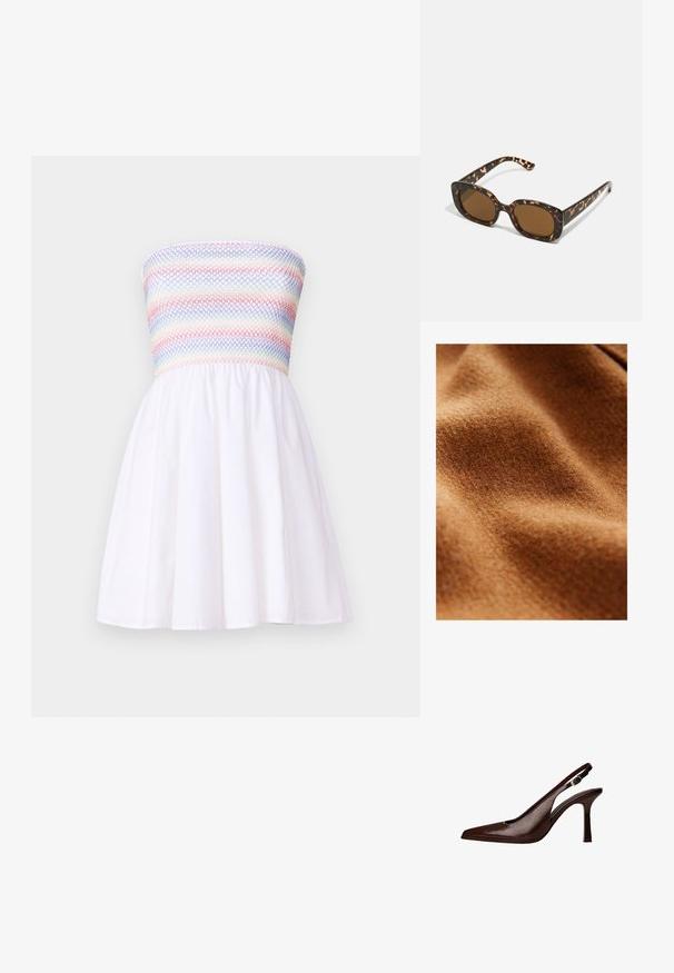 Smeđi vuneni materijal s mekanom, teksturiranom površinom, prikazujući valove i nabore, naglašavajući svoju toplinu i debljinu.; Haljina bez naramenica s naboranom, višebojnom korzetom i lepršavom bijelom suknjom. Izrađena od lagane tkanine, s glatkom teksturom.; Smešani kožni slingback cipele s uskim nosom i tankom petom. Ima malu dekorativnu kopču na remenu i sjajnu završnicu.; Tortoiseshell naočale s okvirima u obliku kruga i debelom konstrukcijom, te smešnim lećama. Imaju suptilne uzorke i ravne, sužene nogice.; Smeđi kožni rukavac s dvostrukim ručkama i odvojivom remenom za rame. Ima zlatni zatvarač i teksturiranu površinu.