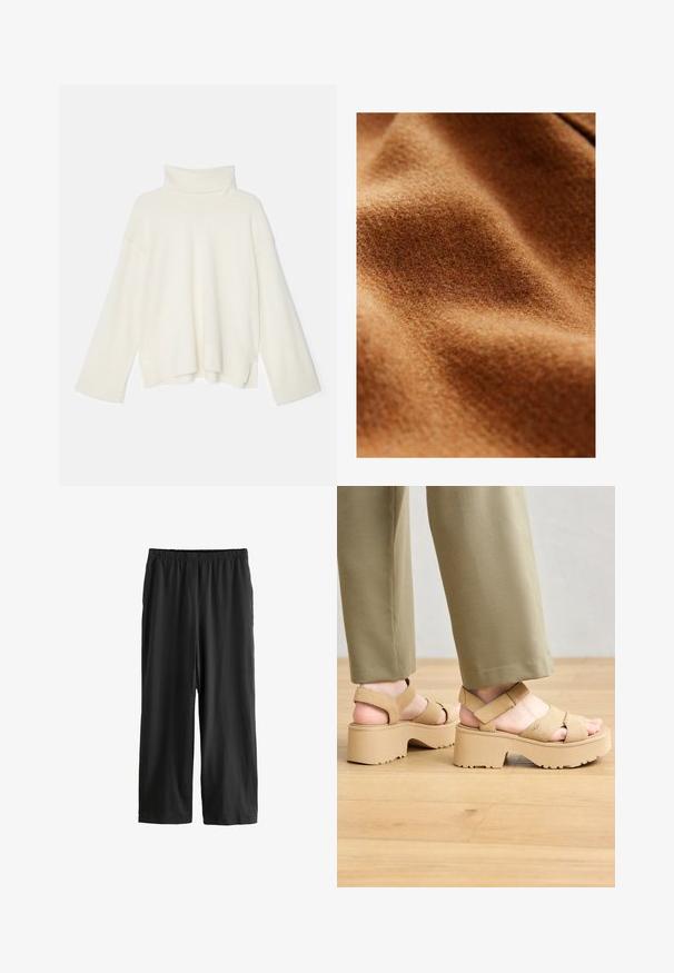 Brūns vilnas audums ar mīkstu, teksturētu virsmu, kas parāda viļņus un krokas, izceļot tā siltumu un biezumu.; Gaišas krēma krāsas augsto kaklu džemperis, pārmērīgs piegriezums, ribota tekstūra, noslīpušas plecu daļas un plašas piedurknes, izgatavots no mīksta adījuma materiāla.; Melnas, līdz ceļiem garas bikses, kas izgatavotas no vieglas auduma. Elastīgs jostasvērums un gluda tekstūra ar taisnu kāju dizainu. Nav redzamu detaļu vai rakstiem.; Bežīgas zamšādas platformas sandales ar plašām siksnām un biezām zolēm. Iekļauj regulējamu aizmugures siksnu un teksturētu zoli labākai saķerei.