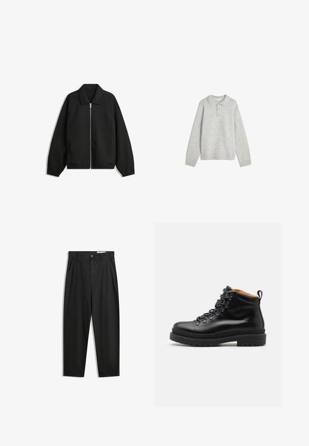 Giacca nera in tessuto texturizzato, con zip frontale a tutta lunghezza, colletto e polsini elasticizzati, dalla vestibilità rilassata e con tasche laterali.; Pullover grigio a maglia con colletto, tre bottoni frontali e orlo a costine. Il tessuto sembra morbido e strutturato, con una vestibilità rilassata.; Pantaloni in cotone neri con una vestibilità rilassata, dotati di una vita classica, pieghe frontali e tasche laterali. Tessuto liscio senza fantasie.; Zign LEATHER - Stivaletti stringati - black