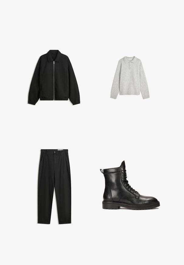 Black jacket made of textured fabric, featuring a full front zip, collar, and elastic cuffs with a relaxed fit and side pockets.; Gray knit pullover with a collared neck, three front buttons, and ribbed hem. Fabric appears soft and textured, with a relaxed fit.; Black cotton trousers with a relaxed fit, featuring a classic waistband, front pleats, and side pockets. Smooth texture without patterns.; Kazar Studio CANRERTH - Lace-up ankle boots - black