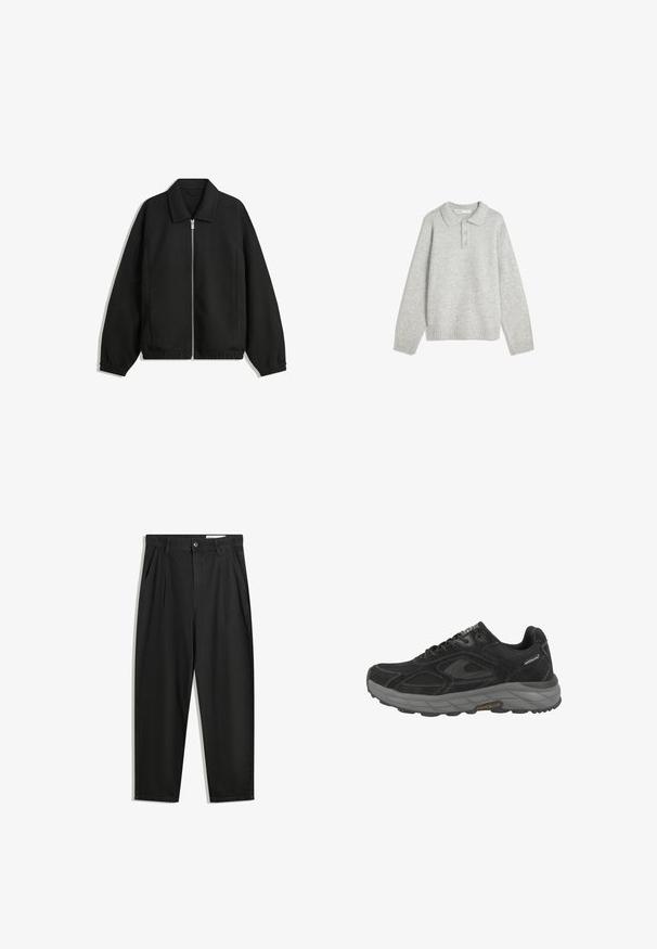 Musta takki, joka on valmistettu teksturoidusta kankaasta ja jossa on koko etuvetoketju, kaulus ja joustavat hihansuut. Takissa on rento istuvuus ja sivutaskut.; Harmaa neulepullover, jossa on kauluspää, kolme etupainiketta ja ribbireunukset. Kangas vaikuttaa pehmeältä ja teksturoidulta, ja se on rento malli.; Mustat puuvillahousut rentoa mallia, joissa on klassinen vyötärö, etukangastukset ja sivutaskut. Sileä pinta ilman kuvioita.; Musta urheilujalkine, jossa on nahkaa ja verkkomateriaalia yläosassa, harmaa kumipohja, pyöreä kärki, nauhakiinnitys ja kontrastiväriset ompelut.