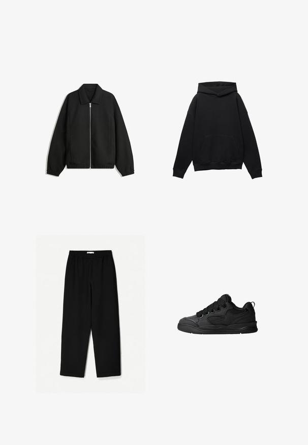 Čierna bunda vyrobená z textúrovaného materiálu, s plným predným zipsom, golierom a elastickými manžetami, so voľnejším strihom a bočnými vreckami.; Čierna mikina so soft tkaninou, predným vreckom, voľným strihom a kapucňou na šnúrku. Má rebrované manžety a lem.; Čierne nohavice s širokými nohavicami vyrobené z ľahkej tkaniny. Majú elasticitu v páse a hladký povrch. Bez viditeľných vzorov alebo kovania.; Čierne tenisky s textúrovaným zvrškom, s šnúrkami, sieťovinovými akcentmi pre priedušnosť, polstrovaným golierom a pevnou podošvou.