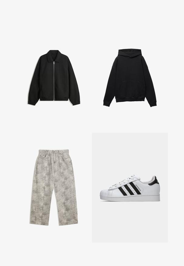 Schwarze Jacke aus strukturiertem Stoff, mit vollem Reißverschluss auf der Vorderseite, Kragen und elastischen Manschetten, im entspannten Schnitt und mit seitlichen Taschen.; Schwarzer Hoodie aus weichem Material mit einer Fronttasche, oversized Silhouette und Kapuze mit Kordelzug. Ausgestattet mit gerippten Bündchen und Saum.; Hellgraue Jeanshose mit einem entspannten, weit geschnittenen Design. Merkmale sind eine dezente marmorierte Textur, fünf Taschen und ein Frontknopfverschluss.; Weiße Adidas Superstar Sneaker mit schwarzen Streifen, charakteristischer Zehenkappe und "Superstar"-Schriftzug an der Seite, im linken Profil auf weißem Hintergrund gezeigt.