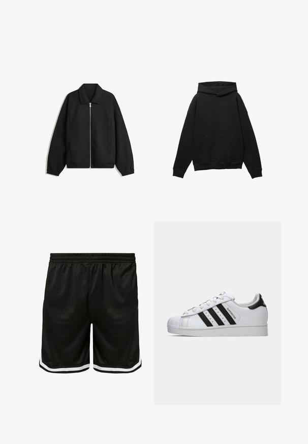 Zwarte jas van textuurstof, met een volledige rits aan de voorkant, een kraag, elastische manchetten, een ontspannen pasvorm en zijzakken.; Zwarte hoodie gemaakt van zacht materiaal met een voorkant zak, oversized silhouet, en een capuchon met trekkoord. Voorzien van ribgebreide manchetten en zoom.; Zwarte sportshorts van mesh stof, met een elastische tailleband, witte zijkanten en een losse pasvorm voor comfort.; Witte Adidas Superstar sneaker met zwarte strepen, schelpneus en de tekst "Superstar" op de zijkant, weergegeven in linkse profiel op een witte achtergrond.