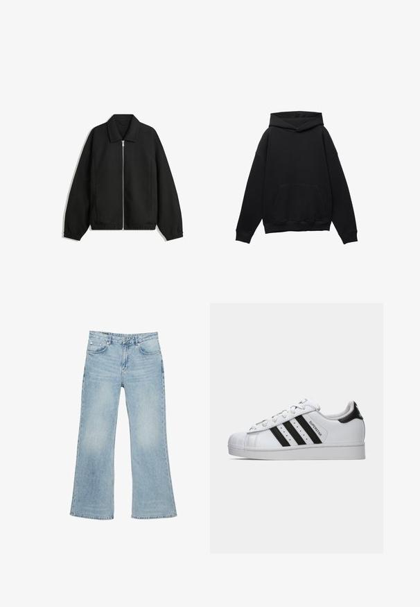 Fekete kabát texturált anyagból, teljes elöl cipzárral, gallérral és rugalmas mandzsettákkal, laza szabással és oldalsó zsebekkel.; Fekete kapucnis hoodie, puha anyagból készült, elülső zsebbel, oversized sziluettel és húzózsinóros kapucnival. Bordás mandzsetta és szegély jellemzi.; Világoskék farmernadrág, harang alakú lábbal, öt zsebbel és gombos záródással. A kopottas textura vizuális érdekességet ad.; Fehér Adidas Superstar sportcipő fekete csíkokkal, kagyló orral és "Superstar" felirattal az oldalon, bal profilban, fehér háttér előtt.