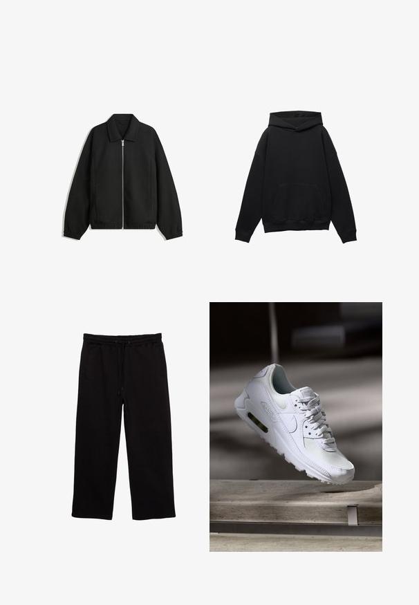 Jachetă neagră dintr-un material texturat, cu fermoar frontal complet, guler și manșete elastice, având o croială lejeră și buzunare laterale.; Hanorac negru dintr-un material moale, cu un buzunar frontal, siluetă oversized și glugă cu șnur. Include manșete și tiv ribbate.; Pantaloni de trening negri, dintr-un material moale, având un elastic la talie cu șnur, două buzunare laterale și o croială relaxată.; Adidașii Nike Air Max 90 albi, având un superior din plasă și piele, cutie pentru degete perforată și o unitate de aer vizibilă în călcâie.