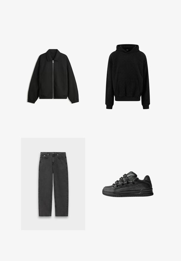 Fekete kabát texturált anyagból, teljes elöl cipzárral, gallérral és rugalmas mandzsettákkal, laza szabással és oldalsó zsebekkel.; Fekete kapucnis pulóver texturált anyagból, elöl kenguruzsebbekkel, bordás mandzsettákkal és aljúval. Egyszerű, laza dizájn.; Fekete, egyenes szárú farmernadrág öt zsebbel, gombos zárással és látható varrással, sík felületen, semleges háttér előtt.; Fekete sportcipők sima bőrből készült felső résszel, struktúrált kiegészítőkkel, valamint kerek fekete és fehér fűzőkkel. Vastag gumitalp mintázott bordázattal.
