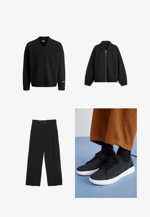Czarna kurtka z teksturowanej tkaniny, z pełnym zamkiem z przodu, kołnierzem i elastycznymi mankietami, o luźnym kroju i kieszeniach po bokach.; Czarny sweter z dekoltem w serek, długim rękawem, żebrowanymi mankietami i dołem, z małym białym haftem na prawym mankiecie oraz niebieską metką wewnętrzną.; Czarne spodnie o szerokich nogawkach, wykonane z gładkiego materiału, z płaskim pasem, plisami z przodu oraz pojedynczym zapięciem na guzik.; Czarne zamszowe trampki z białymi gumowymi podeszwami, z wiązaniem, teksturowanymi akcentami i subtelnym logo, w połączeniu z brązowymi spodniami.