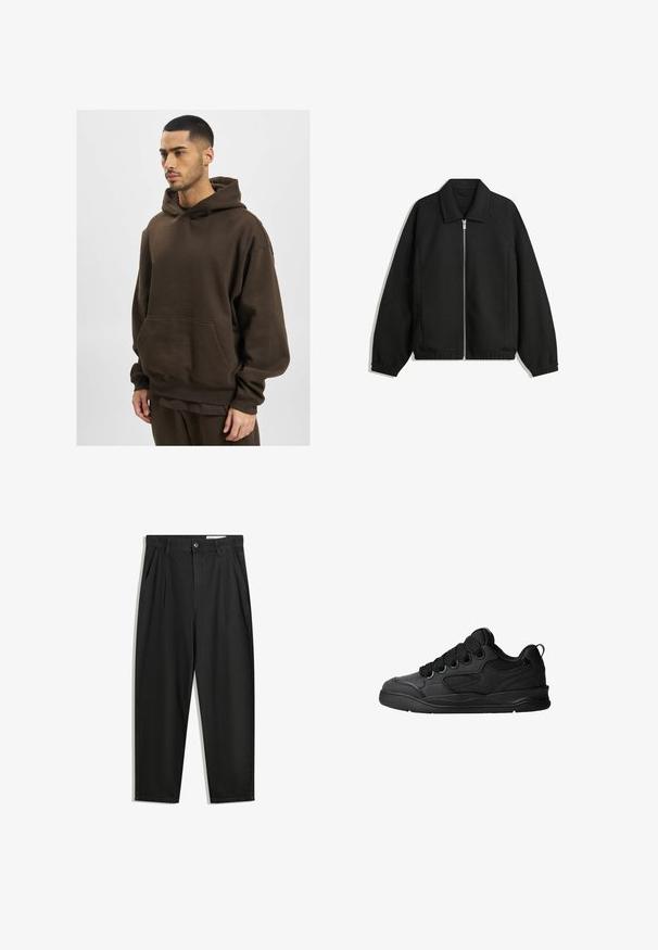 Black jacket made of textured fabric, featuring a full front zip, collar, and elastic cuffs with a relaxed fit and side pockets.; Brown hooded sweatshirt made of soft fabric, featuring a large front pocket, ribbed cuffs, and loose fit. Simple design, no visible patterns.; Black cotton trousers with a relaxed fit, featuring a classic waistband, front pleats, and side pockets. Smooth texture without patterns.; Black sneakers with a textured upper, featuring laces, mesh accents for breathability, padded collar, and a sturdy outsole.