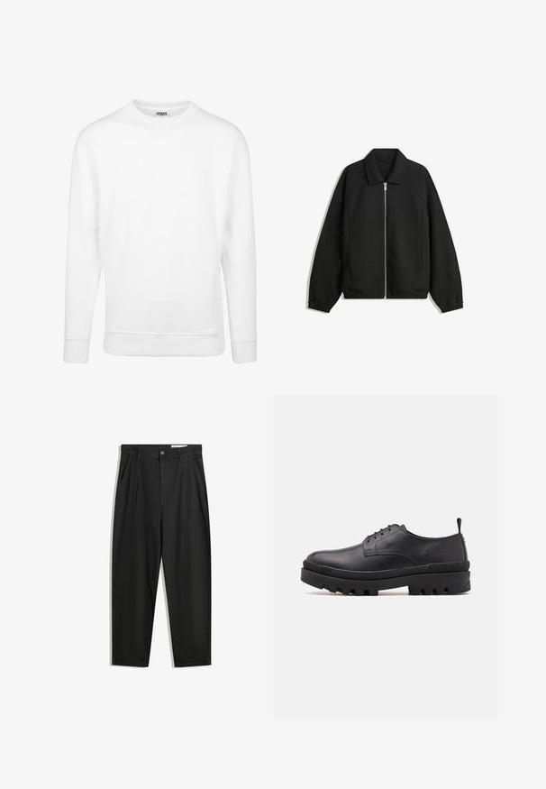 Čierna bunda vyrobená z textúrovaného materiálu, s plným predným zipsom, golierom a elastickými manžetami, so voľnejším strihom a bočnými vreckami.; Biela mikina vyrobená z jemnej tkaniny. Má dlhé rukávy, okrúhly výstrih, rebrované manžety a spodný lem. Jednoduchý a minimalistický dizajn.; Čierne bavlnené nohavice s voľným strihom, s klasickým pásom, prednými záhybmi a bočnými vreckami. Hladká textúra bez vzorov.; Čierna kožená topánka s okrúhlou špičkou, viazaním a robustnou gumovou podrážkou. Obsahuje pútko na päte a textúrované akcenty.