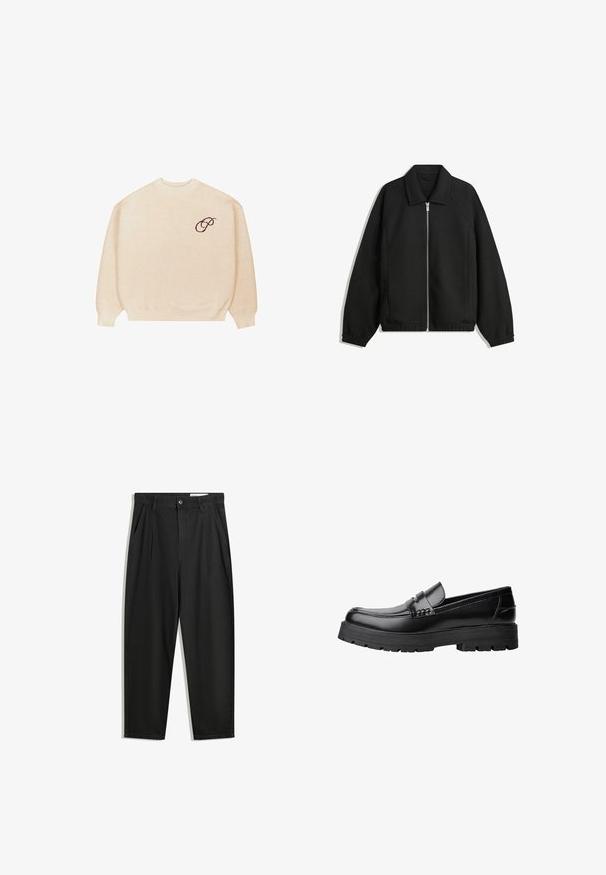 Zwarte jas van textuurstof, met een volledige rits aan de voorkant, een kraag, elastische manchetten, een ontspannen pasvorm en zijzakken.; Beige crewneck trui met lange mouwen en ribbelmanchetten, met een kleine donkere geborduurde script "P" op de linkerborst.; Zwarte katoenen broeken met een losse pasvorm, voorzien van een klassieke tailleband, voorplooien en zijzakken. Gladde structuur zonder patronen.; Zwarte leren loafer met een chunky profielzool en een decoratieve band over de bovenkant, weergegeven in het linkerzijprofiel op een witte achtergrond.