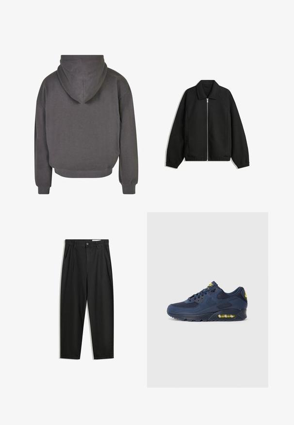 Musta takki, joka on valmistettu teksturoidusta kankaasta ja jossa on koko etuvetoketju, kaulus ja joustavat hihansuut. Takissa on rento istuvuus ja sivutaskut.; Huppari harmaasta kankaasta, jossa on säädettävä huppu, ribbaatut hihansuut ja helma. Pehmeä kangas tuntuma ja siisti, minimalistinen muotoilu.; Mustat puuvillahousut rentoa mallia, joissa on klassinen vyötärö, etukangastukset ja sivutaskut. Sileä pinta ilman kuvioita.; Laivastonsiniset Nike Air Max -lenkkarit, joissa on mokkabukseista ja verkkomateriaalista valmistettu yläosa, keltaisia yksityiskohtia, nyöritys etuosassa ja näkyvä ilmanvaimennus pohjassa.