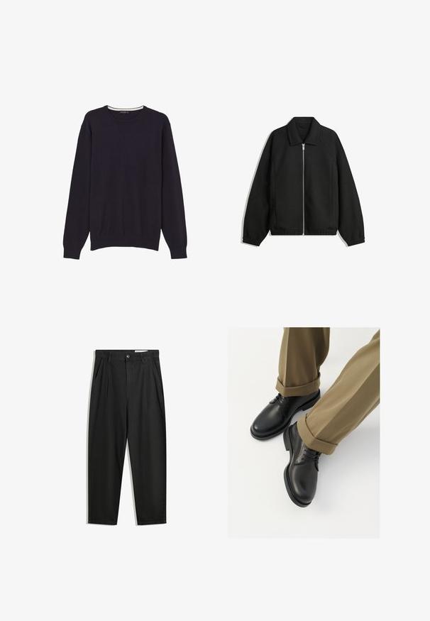 Giacca nera in tessuto texturizzato, con zip frontale a tutta lunghezza, colletto e polsini elasticizzati, dalla vestibilità rilassata e con tasche laterali.; Maglione lavorato a maglia blu navy con collo a giro, maniche lunghe e polsini e orlo a coste, realizzato in un tessuto morbido e leggero.; Pantaloni in cotone neri con una vestibilità rilassata, dotati di una vita classica, pieghe frontali e tasche laterali. Tessuto liscio senza fantasie.; Scarpe da uomo in pelle nera con una finitura liscia, dotate di lacci e punta arrotondata, abbinate a pantaloni khaki arrotolati.