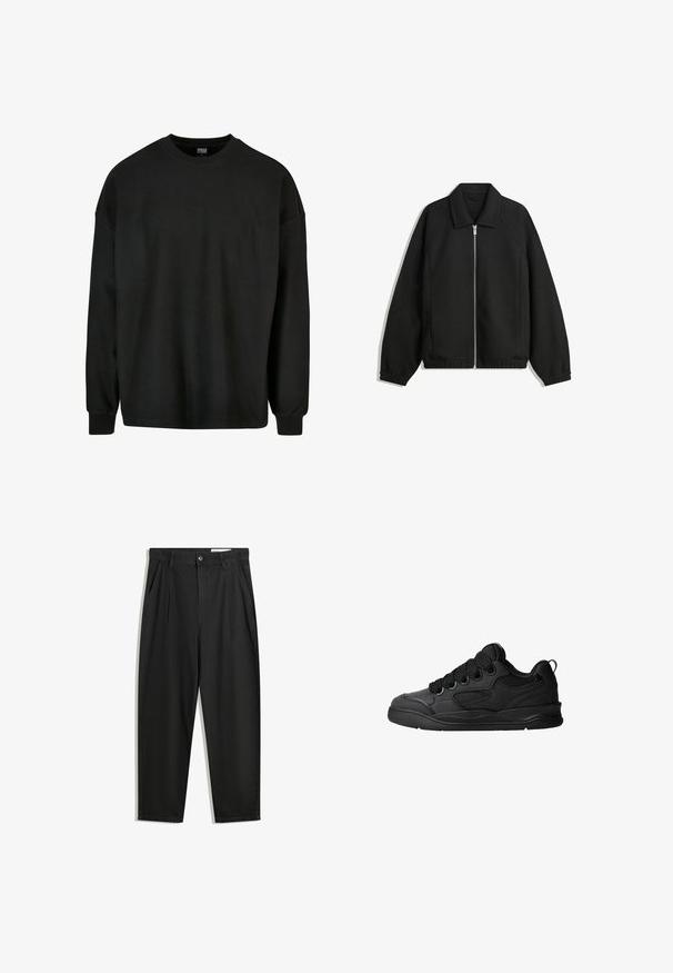 Zwarte jas van textuurstof, met een volledige rits aan de voorkant, een kraag, elastische manchetten, een ontspannen pasvorm en zijzakken.; Zwarte langmouw geribbelde sweatshirts met een ronde hals en een losse pasvorm. Heeft een textuurstof en aansluitende manchetten. Geen grafische details.; Zwarte katoenen broeken met een losse pasvorm, voorzien van een klassieke tailleband, voorplooien en zijzakken. Gladde structuur zonder patronen.; Zwarte sneakers met een gestructureerde bovenkant, voorzien van veters, mesh-details voor ademend vermogen, een gevoerd kraagje en een stevige zool.