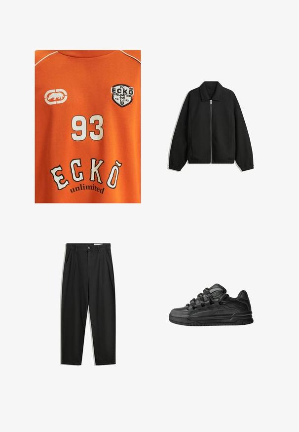 Giacca nera in tessuto texturizzato, con zip frontale a tutta lunghezza, colletto e polsini elasticizzati, dalla vestibilità rilassata e con tasche laterali.; T-shirt di cotone arancione con il numero bianco "93" e "ECKŌ unlimited" in lettere nere e bianche. Include un logo con un rinoceronte.; Pantaloni in cotone neri con una vestibilità rilassata, dotati di una vita classica, pieghe frontali e tasche laterali. Tessuto liscio senza fantasie.; Sneaker nere con una toma in pelle liscia, dettagli testurizzati e lacci tondi neri e bianchi. Suola spessa in gomma con battistrada gommato.