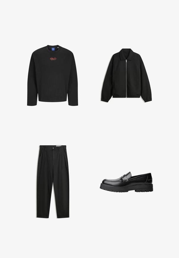 Čierna bunda vyrobená z textúrovaného materiálu, s plným predným zipsom, golierom a elastickými manžetami, so voľnejším strihom a bočnými vreckami.; Čierna mikina s dlhým rukávom, rebrovaným okrúhlym výstrihom a veľkým červeným vyšitém nápisom "Studio Originals" na hrudi.; Čierne bavlnené nohavice s voľným strihom, s klasickým pásom, prednými záhybmi a bočnými vreckami. Hladká textúra bez vzorov.; Čierne kožené mokasíny s masívnou podrážkou a dekoratívnym pásom cez hornú časť, zobrazené z ľavého bočného profilu na bielom pozadí.