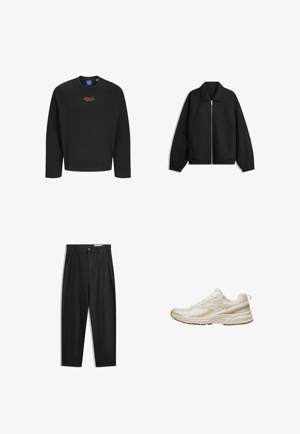 Giacca nera in tessuto texturizzato, con zip frontale a tutta lunghezza, colletto e polsini elasticizzati, dalla vestibilità rilassata e con tasche laterali.; Felpa nera a maniche lunghe con colletto a girocollo a costine e grande testo ricamato rosso che legge "Studio Originals" sul petto.; Pantaloni in cotone neri con una vestibilità rilassata, dotati di una vita classica, pieghe frontali e tasche laterali. Tessuto liscio senza fantasie.; Scarpe sportive bianche realizzate in mesh e materiale sintetico, con punta rotonda, suola ammortizzata e accenti beige sui lati.