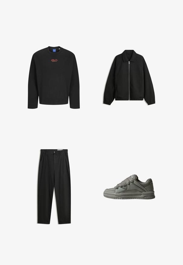 Fekete kabát texturált anyagból, teljes elöl cipzárral, gallérral és rugalmas mandzsettákkal, laza szabással és oldalsó zsebekkel.; Fekete, hosszú ujjú pulóver ribbed stílusú kerek nyakkivágással, a mellrészen nagy, piros hímzett szöveggel: "Studio Originals".; Fekete pamut nadrág laza szabással, klasszikus derékrésszel, elülső hajtásokkal és oldalsó zsebekkel. Simább textúra minta nélkül.; Szürke sportcipő, texturált bőr és hálós felsőrésszel, vastag gumitalppal, valamint kiemelkedő párnázott nyelvvel és oldalakkal. Fűzők és oldalhúzások is tartoznak hozzá.