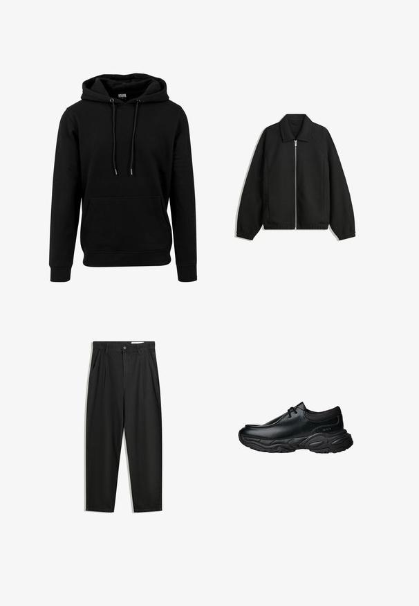 Čierna bunda vyrobená z textúrovaného materiálu, s plným predným zipsom, golierom a elastickými manžetami, so voľnejším strihom a bočnými vreckami.; Čierna mikina s kapucňou vyrobená z mäkkej látky, s veľkou prednou vreckom, šnúrkami na sťahovanie a rebrovanými manžetami a spodným lemom. Jednoduchý, jednofarebný dizajn.; Čierne bavlnené nohavice s voľným strihom, s klasickým pásom, prednými záhybmi a bočnými vreckami. Hladká textúra bez vzorov.; Čierne kožené slip-on topánky s okrúhlou špičkou a hrubou štruktúrovanou gumovou podrážkou. Obsahujú jemné prešitie a elastické akcenty v oblasti goliera.