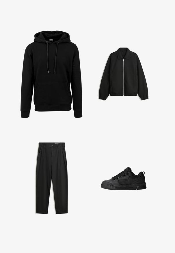 Czarna kurtka z teksturowanej tkaniny, z pełnym zamkiem z przodu, kołnierzem i elastycznymi mankietami, o luźnym kroju i kieszeniach po bokach.; Czarna bluza z kapturem, wykonana z miękkiego materiału, z dużą kieszenią z przodu, sznurkiem do regulacji oraz ściągaczami na mankietach i dole. Prosty, jednolity design.; Czarne bawełniane spodnie o luźnym kroju, z klasycznym pasem, przednimi plisy oraz bocznymi kieszeniami. Gładka struktura, bez wzorów.; Czarne sneakersy z teksturowaną cholewką, z sznurowadłami, siateczkowymi akcentami dla lepszej wentylacji, wyściełanym kołnierzem oraz solidną podeszwą.