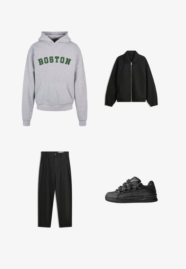 Čierna bunda vyrobená z textúrovaného materiálu, s plným predným zipsom, golierom a elastickými manžetami, so voľnejším strihom a bočnými vreckami.; Šedá mikina s kapucňou a prednou vreckom, na ktorom je nápis "BOSTON" v tmavozelených zakrivených písmenách naprieč hrudníkom. Klasický dizajn s kapucňou na šnúrku.; Čierne bavlnené nohavice s voľným strihom, s klasickým pásom, prednými záhybmi a bočnými vreckami. Hladká textúra bez vzorov.; Čierne tenisky s hladkým koženým zvrškom, štruktúrovanými akcentami a okrúhlymi čierno-bielymi šnúrkami. Hrubá gumená podrážka s vzorovaným dezénom.