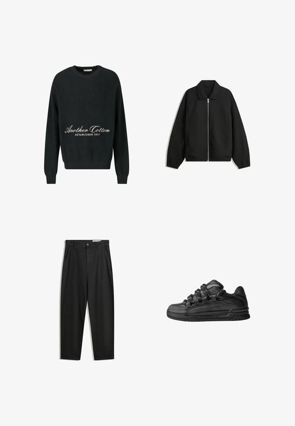 Černá bunda vyrobená z texturované látky, s plným předním zipem, límcem a elastickými manžetami, s volným střihem a bočními kapsami.; černý pletený svetr s kulatým výstřihem, ribrovou strukturou a vyšitým textem "Another Cotton ESTABLISHED 2023" v bílé barvě.; Černé bavlněné kalhoty s uvolněným střihem, klasickým pasem, předními záhyby a bočními kapsami. Hladká textura bez vzorů.; Černé tenisky s hladkým koženým svrškem, texturovanými akcenty a kulatými černobílými tkaničkami. Silná gumová podrážka s vzorovaným dezénem.