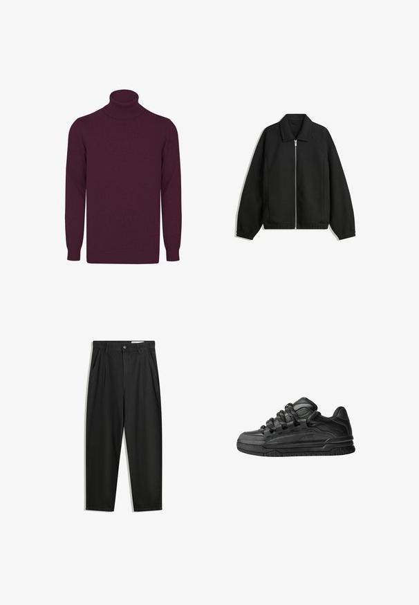 Zwarte jas van textuurstof, met een volledige rits aan de voorkant, een kraag, elastische manchetten, een ontspannen pasvorm en zijzakken.; Bordeaux coltrui gemaakt van zachte stof, met lange mouwen, een geribbelde kraag en boorden, en een gladde textuur overal.; Zwarte katoenen broeken met een losse pasvorm, voorzien van een klassieke tailleband, voorplooien en zijzakken. Gladde structuur zonder patronen.; Zwarte sneakers met een glad leren bovenwerk, gearceerde accenten en ronde zwart-witte veters. Dikke rubberen zool met een geprofileerd loopvlak.