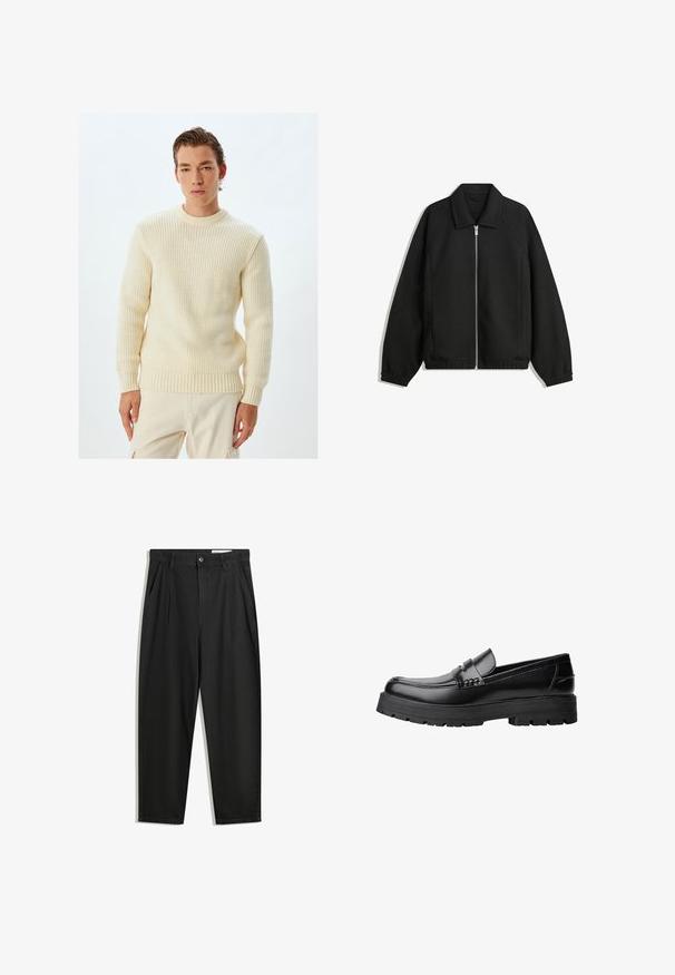 Schwarze Jacke aus strukturiertem Stoff, mit vollem Reißverschluss auf der Vorderseite, Kragen und elastischen Manschetten, im entspannten Schnitt und mit seitlichen Taschen.; Cremfarbener Strickpullover mit gerippter Textur, runder Ausschnitt und enganliegenden Bündchen. Über hellbeigen Hosen getragen. Einfaches Design, keine Muster.; Schwarze Baumwollhose mit lockerem Schnitt, ausgestattet mit einem klassischen Bund, vorderen Falten und Seiten taschen. Glatte Textur ohne Muster.; Schwarzer Lederloafer mit grobem, rutschfestem Sohlenprofil und dekorativem Riemen über der Oberseite, seitlich links auf weißem Hintergrund abgebildet.