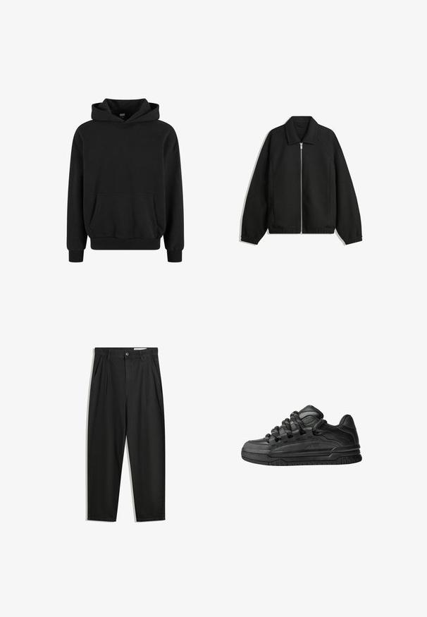 Fekete kabát texturált anyagból, teljes elöl cipzárral, gallérral és rugalmas mandzsettákkal, laza szabással és oldalsó zsebekkel.; Fekete kapucnis pulóver kenguruzsebbel, széles ujjakkal, bordázott mandzsettával és alsó szegéllyel. Puha anyagból készült, sima textúrával.; Fekete pamut nadrág laza szabással, klasszikus derékrésszel, elülső hajtásokkal és oldalsó zsebekkel. Simább textúra minta nélkül.; Fekete sportcipők sima bőrből készült felső résszel, struktúrált kiegészítőkkel, valamint kerek fekete és fehér fűzőkkel. Vastag gumitalp mintázott bordázattal.