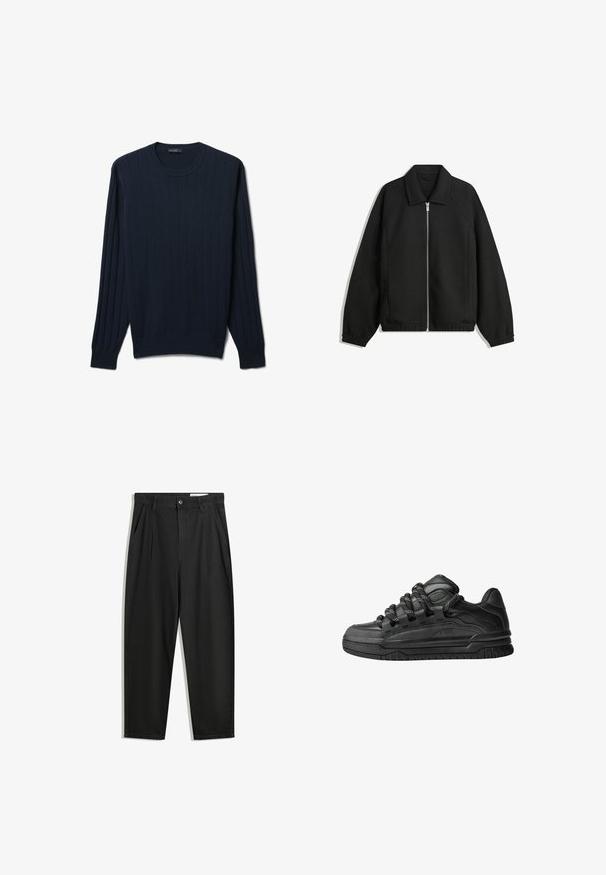 Schwarze Jacke aus strukturiertem Stoff, mit vollem Reißverschluss auf der Vorderseite, Kragen und elastischen Manschetten, im entspannten Schnitt und mit seitlichen Taschen.; Dunkelblauer Pullover aus glattem Stoff, mit vertikaler Rippstruktur, langen Ärmeln und einem klassischen Rundhalsausschnitt.; Schwarze Baumwollhose mit lockerem Schnitt, ausgestattet mit einem klassischen Bund, vorderen Falten und Seiten taschen. Glatte Textur ohne Muster.; Schwarze Sneakers mit einem glatten Leder-Obermaterial, strukturierten Akzenten und runden schwarz-weißen Schnürsenkeln. Dicke Gummisohle mit einem gemusterten Profil.