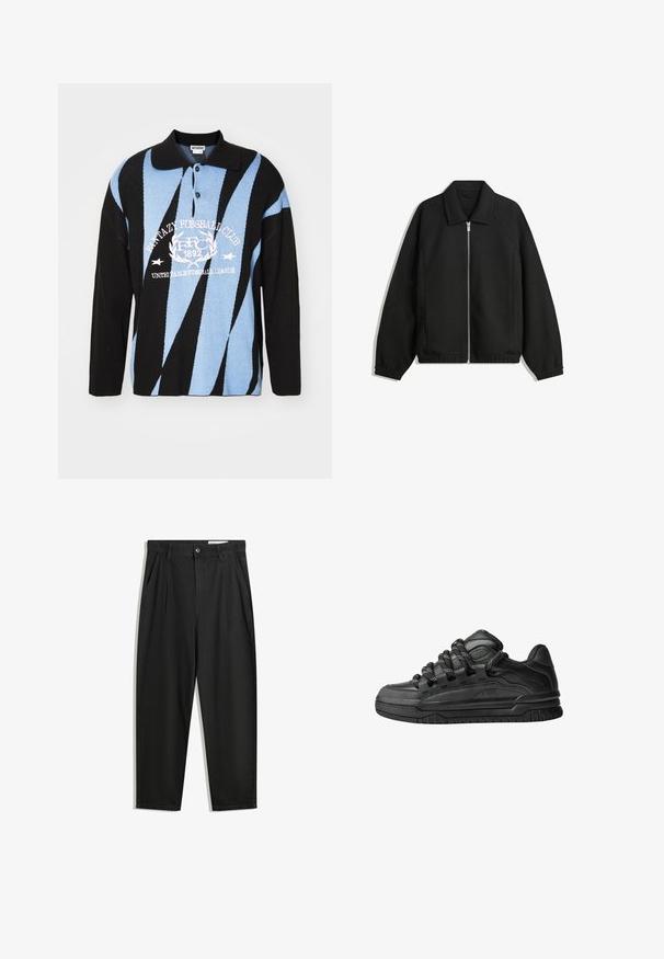 Černá bunda vyrobená z texturované látky, s plným předním zipem, límcem a elastickými manžetami, s volným střihem a bočními kapsami.; Černé, modré a bílé pletené polo s geometrickými vzory. Disponuje límcem, knoflíkovou légou a grafickým textem na prsou. Dlouhé rukávy.; Černé bavlněné kalhoty s uvolněným střihem, klasickým pasem, předními záhyby a bočními kapsami. Hladká textura bez vzorů.; Černé tenisky s hladkým koženým svrškem, texturovanými akcenty a kulatými černobílými tkaničkami. Silná gumová podrážka s vzorovaným dezénem.